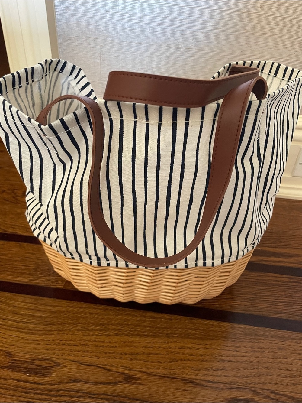 Striped Canvas & Wicker Tote Bag with Brown Handles
